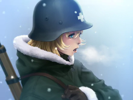 HD anime desktop wallpaper featuring Yuuri from Girls' Last Tour, depicted in winter attire with a helmet, against a soft blue snowy background.