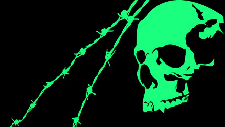 Minimalist HD desktop wallpaper featuring a bright green skull and barbed wire against a solid black background, creating a dark, striking contrast.