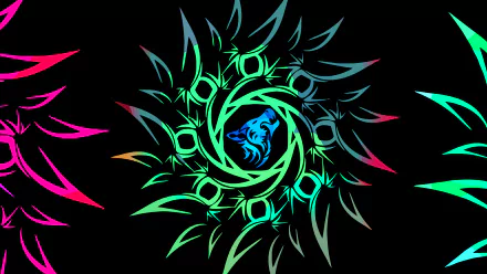 Abstract 4K Ultra HD PC wallpaper featuring a colorful, circular pattern of sharp shapes surrounding a blue wolf silhouette on a black background.