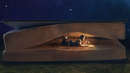 HD wallpaper featuring a person reading a giant book with a flashlight under a starry sky.