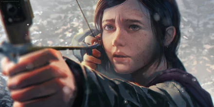 HD PC desktop wallpaper featuring Ellie from The Last of Us video game, aiming her bow with intense focus in a detailed, realistic art style.