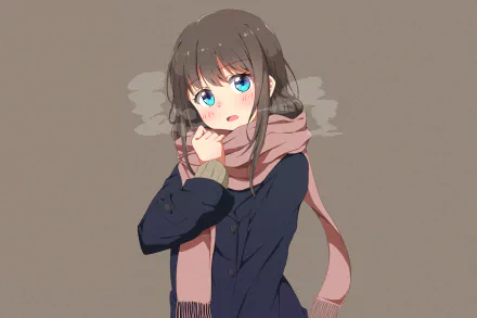 Anime original HD PC desktop wallpaper of a brown‑haired girl with bright blue eyes, wearing a navy coat and pink scarf, clutching the scarf to her face against a muted background.