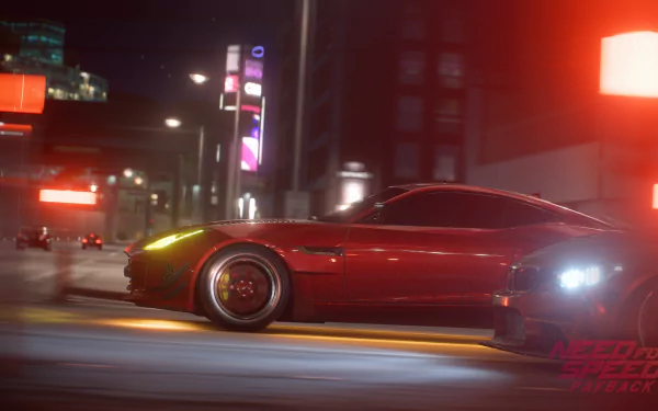 HD PC desktop wallpaper featuring a red Jaguar F-Type R Coupe car tearing through neon-lit city streets from Need for Speed Payback (video game).