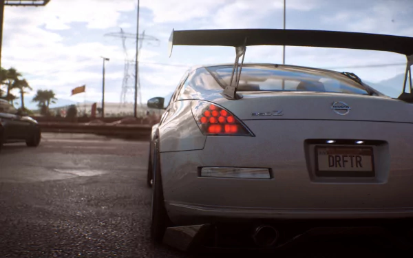 Rear view of a silver Nissan 350Z with a large spoiler and DRFTR plate on a wet street — HD PC desktop wallpaper from the video game Need for Speed Payback