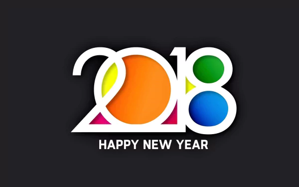 HD PC desktop wallpaper featuring a colorful 2018 design with geometric shapes and Happy New Year text, celebrating the New Year holiday.
