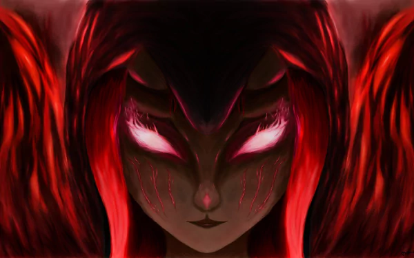 A 4K Ultra HD portrait of a fantasy oni woman with flaming red hair, glowing eyes, and prominent horns, set against a dark, fiery background.