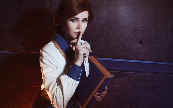 HD PC desktop wallpaper of a woman cosplaying as Elizabeth from Bioshock Infinite, holding a book and posing with a finger to her lips against a dark background.