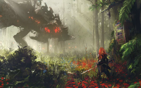 HD wallpaper featuring Aloy, a woman warrior from Horizon Zero Dawn, standing in a lush forest with a spear, facing a large robotic creature. Red flowers and dense greenery enhance the vivid scene.