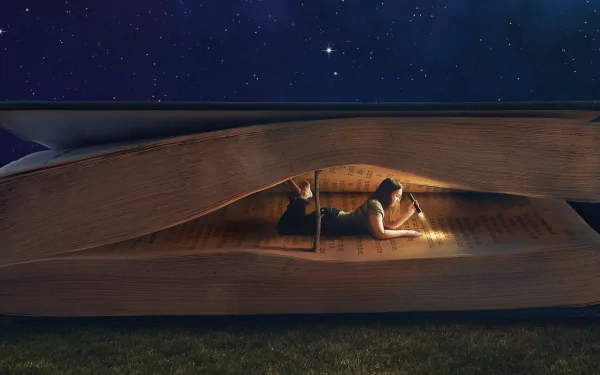 HD wallpaper featuring a person reading a giant book with a flashlight under a starry sky.