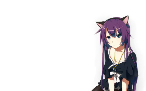 HD PC desktop wallpaper featuring Hitagi Senjōgahara from the anime Monogatari Series, depicted with cat ears and a dark outfit against a plain white background.