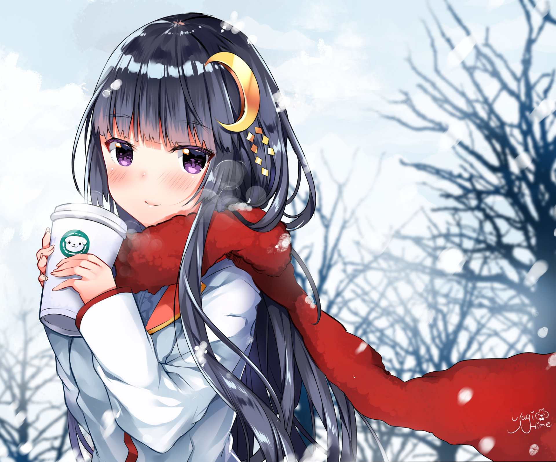 An HD desktop wallpaper featuring an original anime character with long dark hair holding a hot drink, wearing a red scarf amidst a snowy background with bare trees.