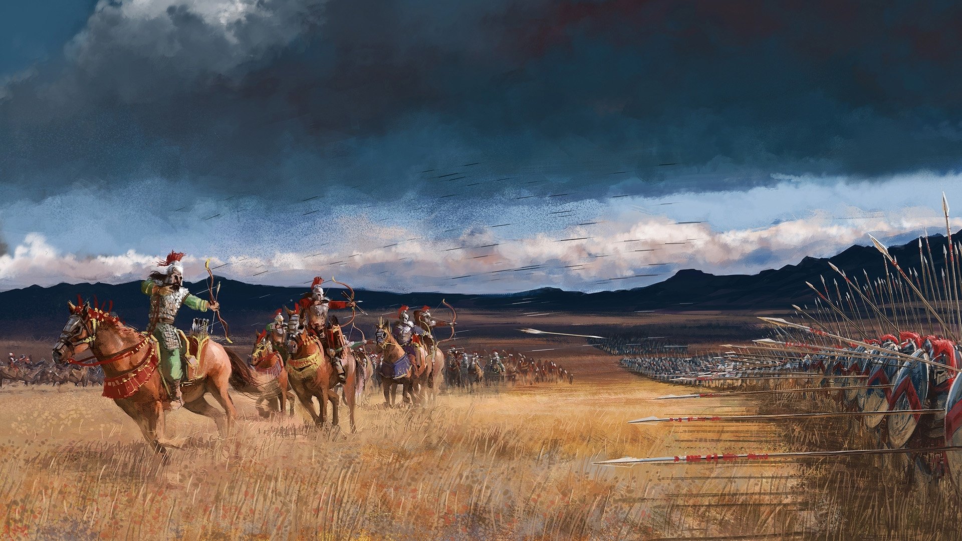 A fantasy battle scene featuring mounted warriors armed with spears and bows, charging across a vast battlefield under a dramatic sky.