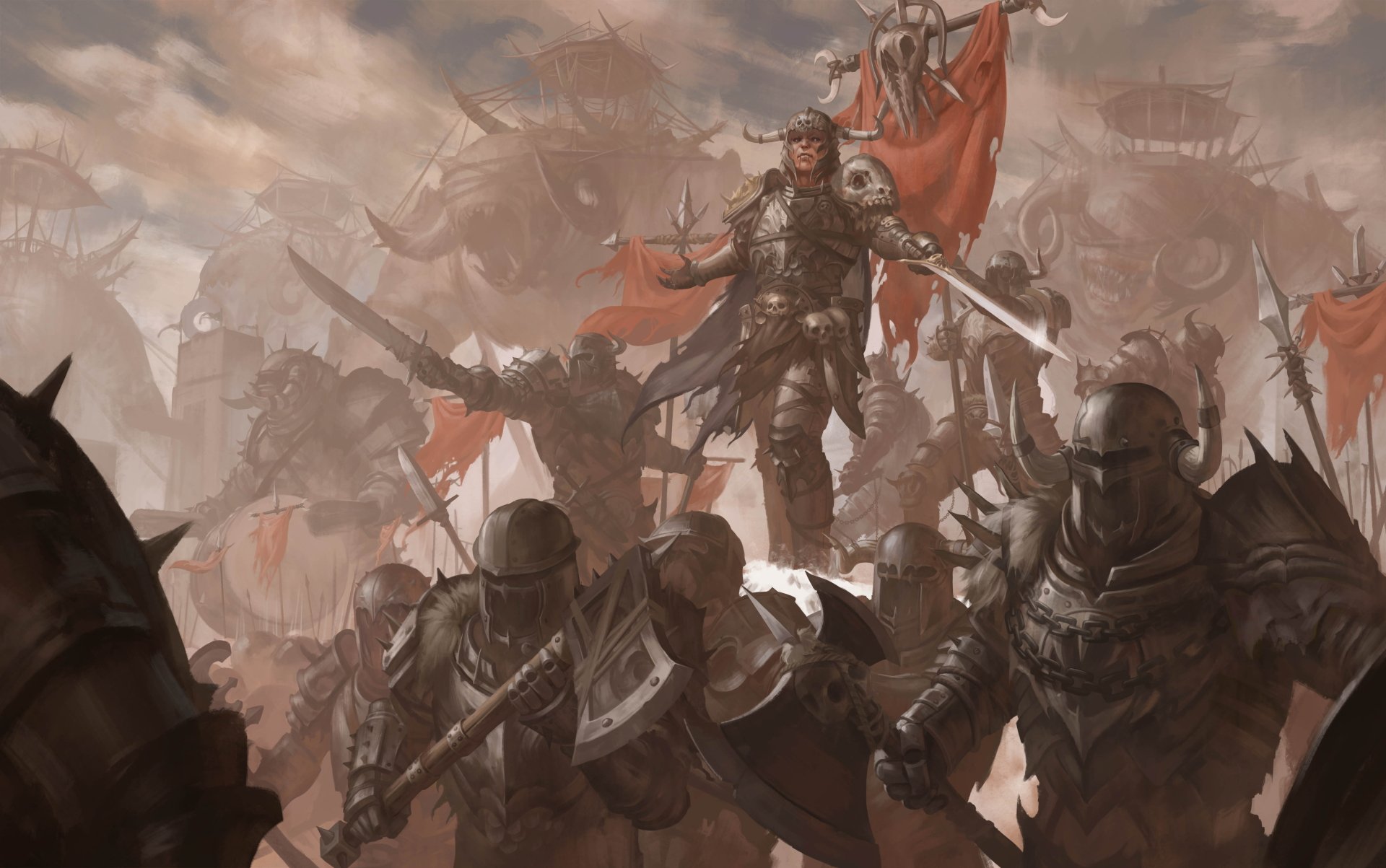 HD desktop wallpaper featuring a fantasy warrior in armor wielding a sword and standing before an army of knights with axes and banners, against a backdrop of giant creatures.