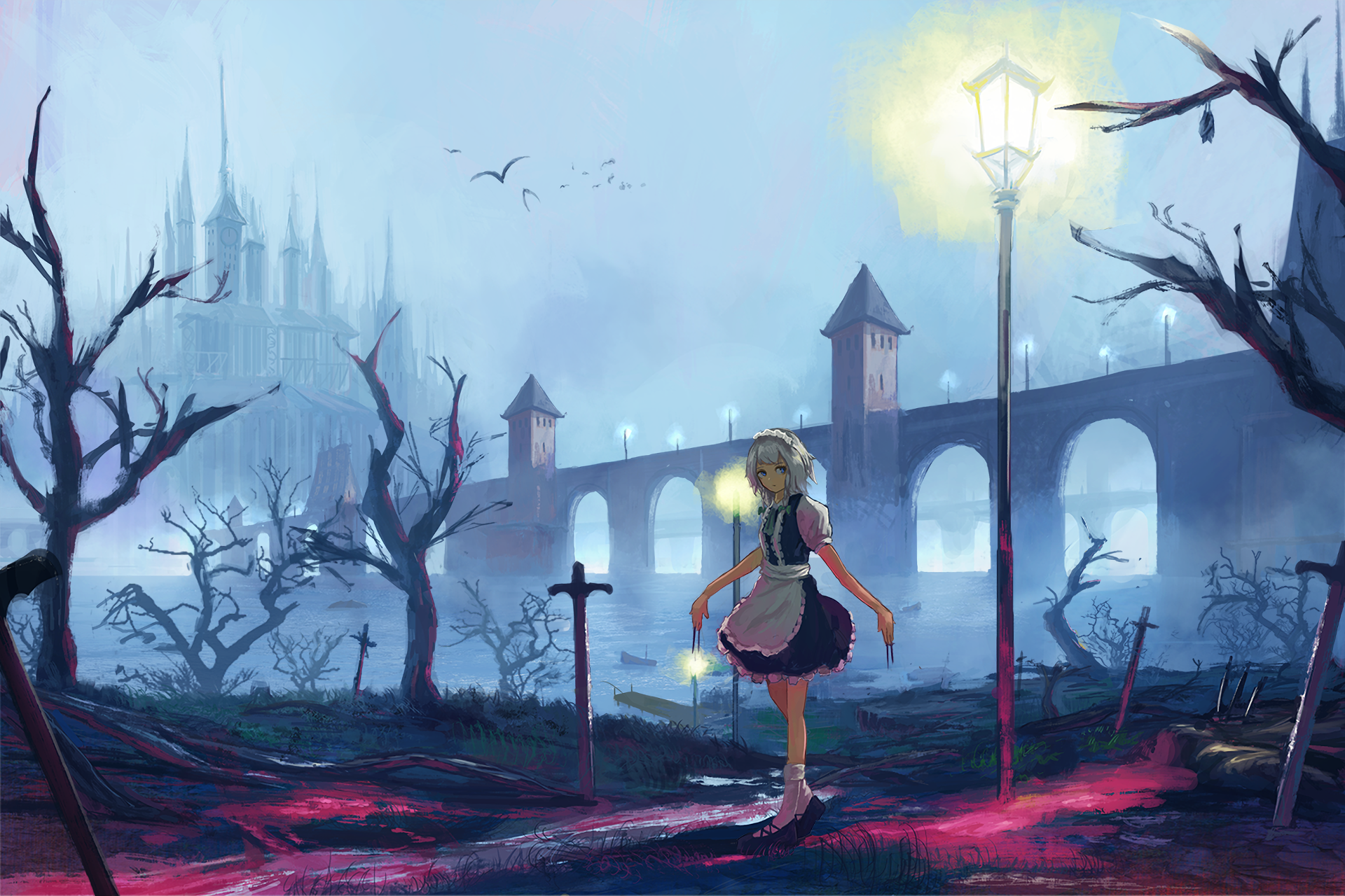 HD PC desktop wallpaper featuring Sakuya Izayoi from the Touhou anime series, standing in a misty, eerie landscape with a glowing streetlamp and a distant castle.