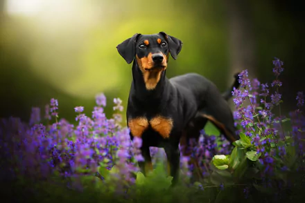 A Doberman Pinscher puppy stands alert among blooming purple flowers, captured in high-definition. This image serves as a vibrant desktop wallpaper and background showcasing the beauty of the young dog and nature.