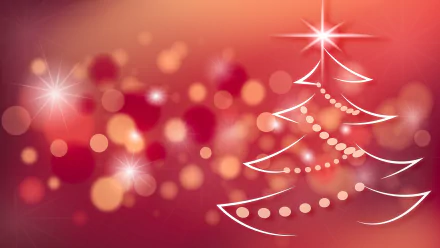 HD PC desktop wallpaper featuring a glowing white outline of a Christmas tree against a red bokeh background with festive holiday lights and sparkles.