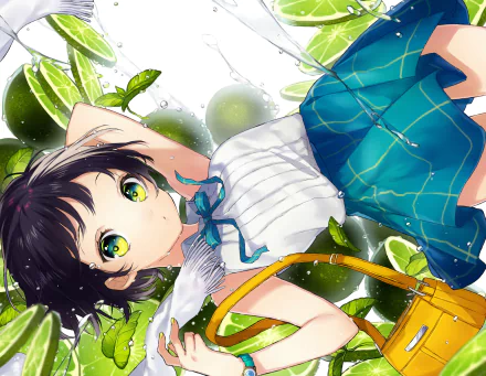 Anime-style original artwork of a girl with green eyes and dark hair, surrounded by vibrant green leaves, rendered in 4K Ultra HD for PC desktop wallpaper.