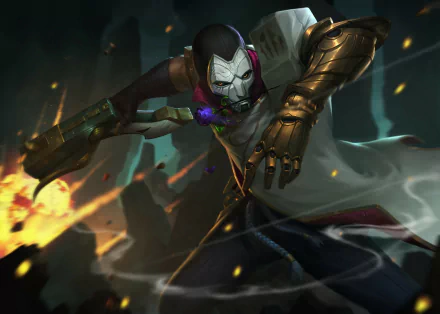 HD PC desktop wallpaper/background featuring Jhin (League of Legends), a video game marksman in a white mask and dark cloak aiming a golden firearm amid sparks, smoke, and shattered debris.