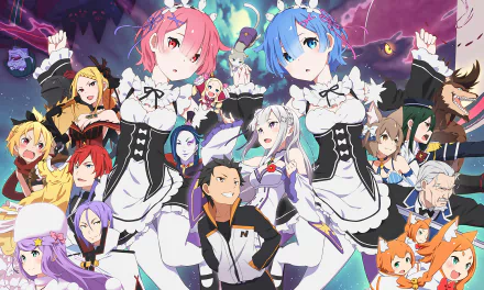HD desktop wallpaper featuring characters from the anime Re:Zero - Starting Life in Another World, showcasing an array of vibrant characters in a dynamic and colorful scene.