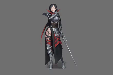 HD anime original artwork of a female warrior in dark armor holding a sword, featured as a PC desktop wallpaper and background.