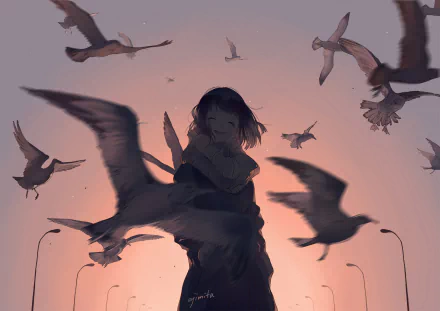 An original anime-style HD wallpaper featuring a figure surrounded by flying birds, set against a soft, pastel background that evokes a sense of freedom and serenity.