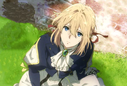 HD desktop wallpaper featuring Violet Evergarden, an anime character with blonde hair and blue eyes, sitting in a vibrant, grassy field.