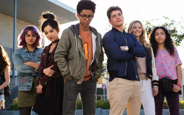 HD desktop wallpaper featuring Gert Yorkes, Nico Minoru, and other 'Runaways' characters standing confidently together.