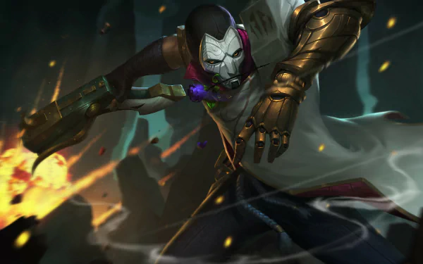 HD PC desktop wallpaper/background featuring Jhin (League of Legends), a video game marksman in a white mask and dark cloak aiming a golden firearm amid sparks, smoke, and shattered debris.
