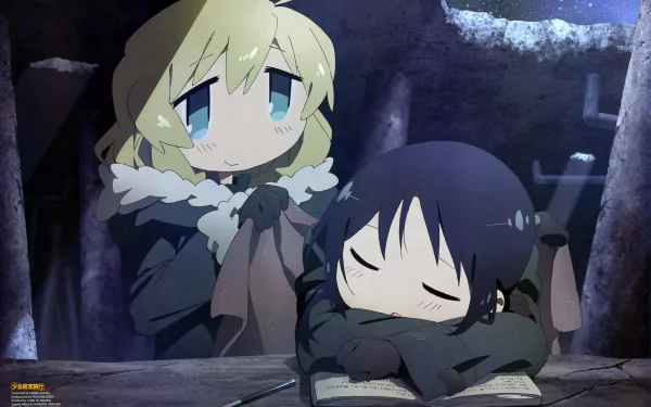 HD wallpaper featuring Chito and Yuuri from the anime Girls' Last Tour. Yuuri watches Chito sleep on a book, creating a heartwarming scene against a serene, snowy backdrop.