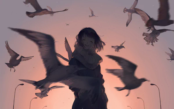 An original anime-style HD wallpaper featuring a figure surrounded by flying birds, set against a soft, pastel background that evokes a sense of freedom and serenity.
