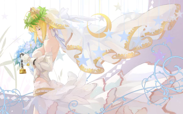 An elegant HD desktop wallpaper featuring Nero Claudius in her Saber Bride outfit from Fate/Grand Order. The anime character holds a bouquet, adorned with a flowing veil and intricate details.