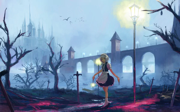 HD PC desktop wallpaper featuring Sakuya Izayoi from the Touhou anime series, standing in a misty, eerie landscape with a glowing streetlamp and a distant castle.