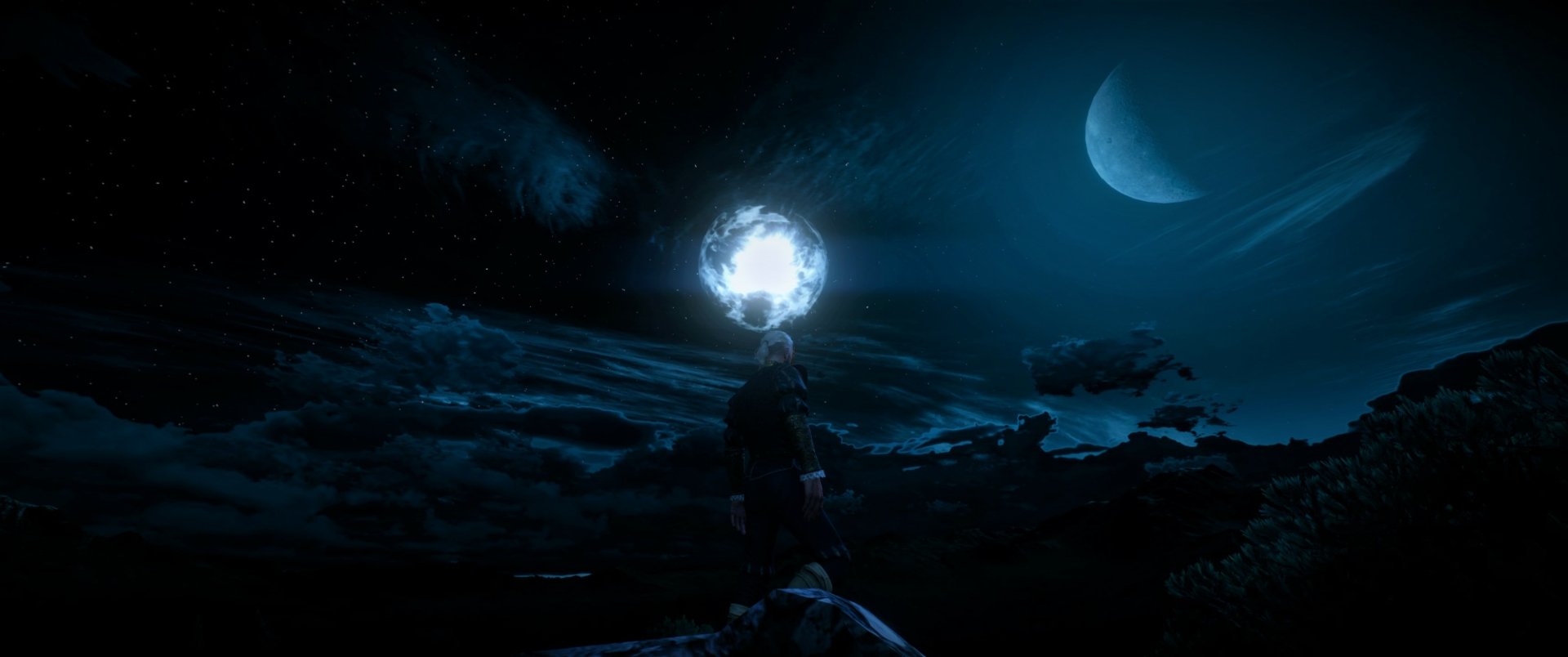 HD desktop wallpaper of a fantasy scene from the video game The Witcher 3: Wild Hunt featuring a lone figure standing under a glowing moon in a dark, mystical night sky.