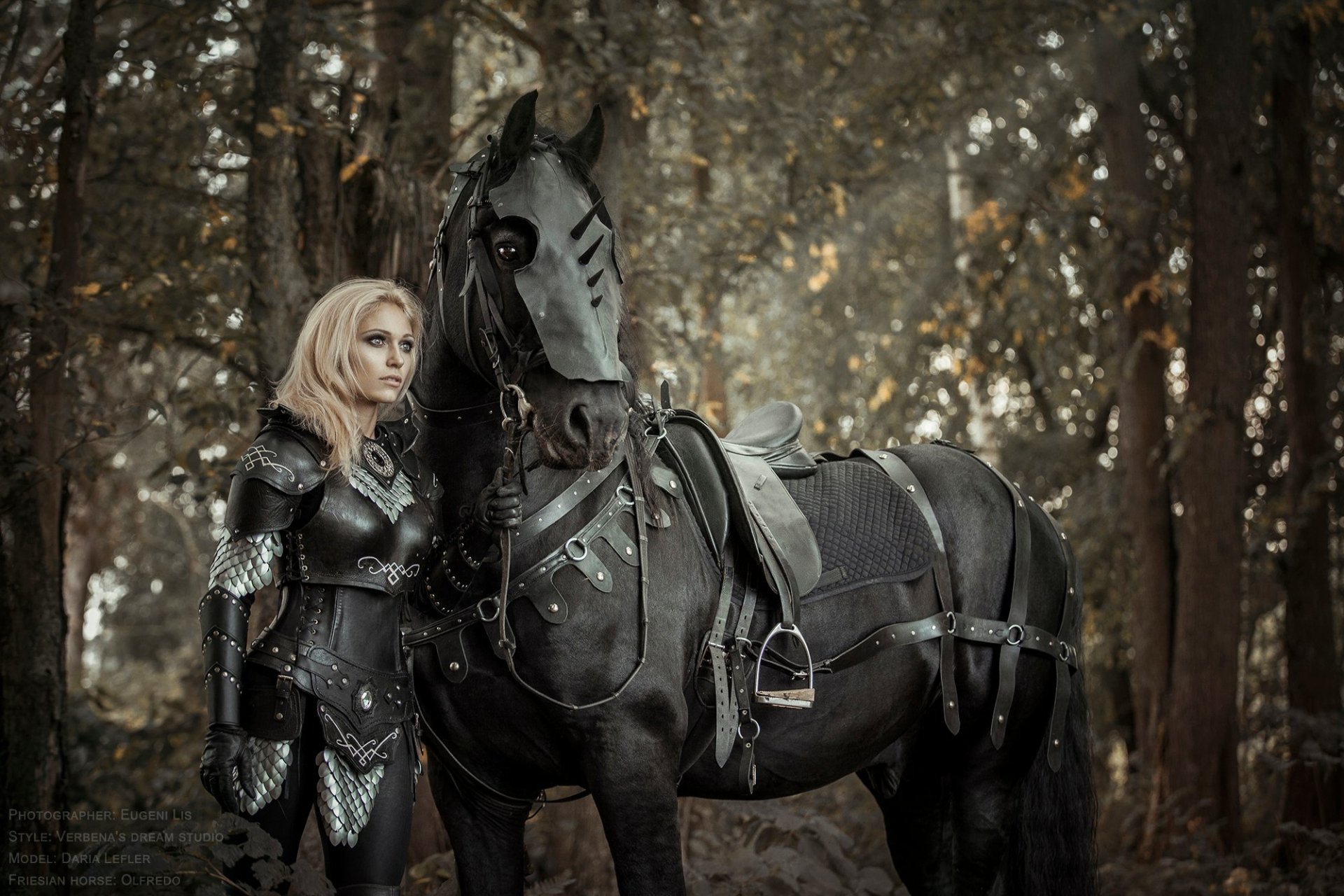 A woman in elaborate cosplay armor stands beside a black horse in a forest, creating a striking scene for an HD desktop wallpaper.