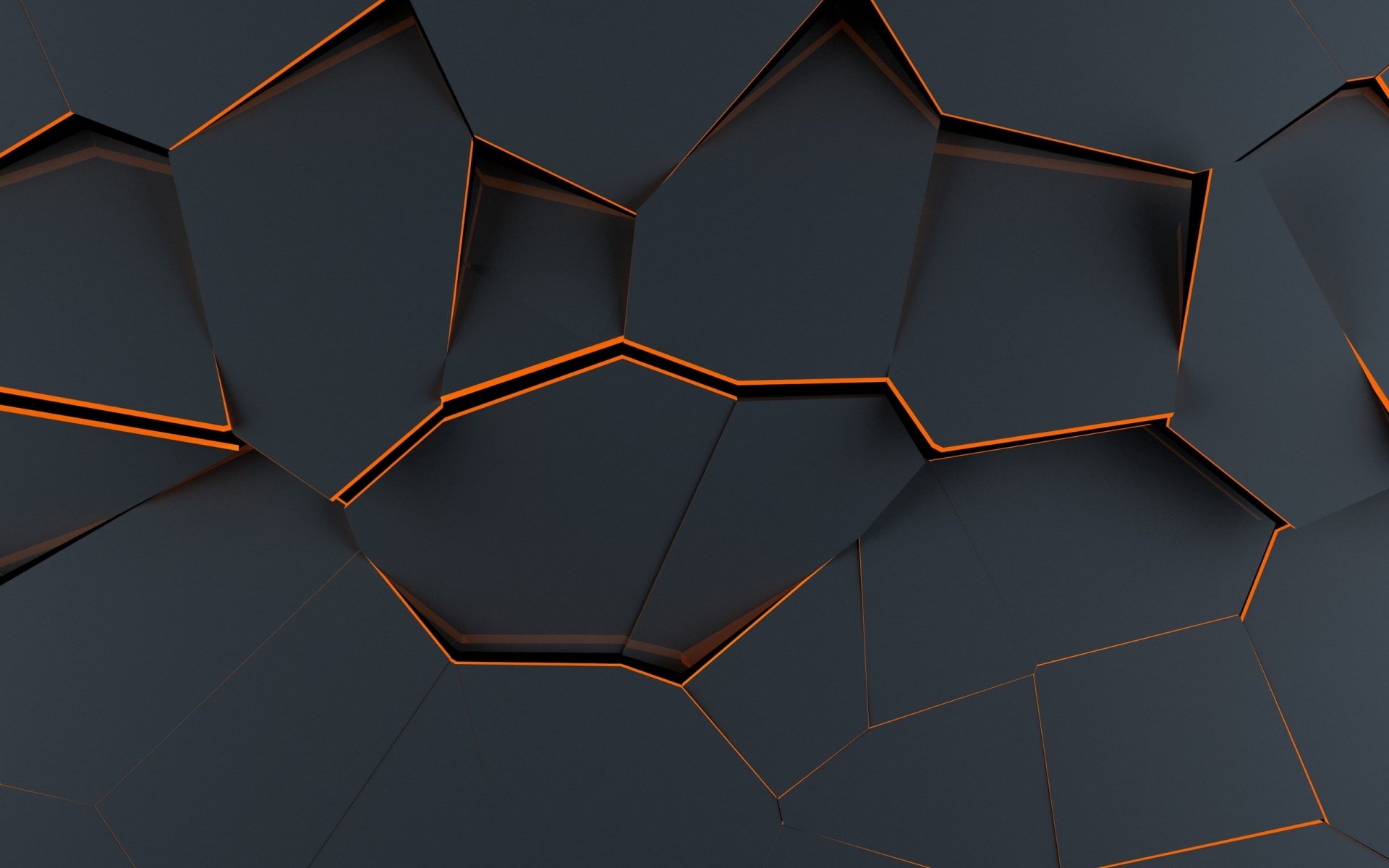 HD PC desktop wallpaper featuring an abstract design of dark, layered triangles with glowing orange edges creating depth and contrast.