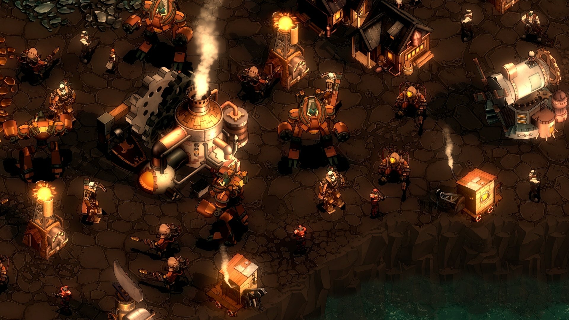HD steampunk-themed desktop wallpaper featuring a scene from They Are Billions game with buildings and characters in a dystopian layout.