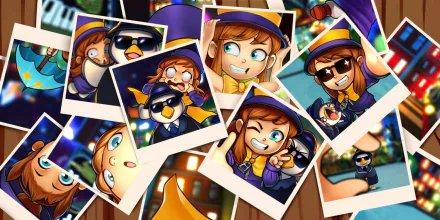 A vibrant HD desktop wallpaper from the video game A Hat in Time, featuring playful polaroid snapshots of the main character and her friends, capturing joyful moments and adventures.
