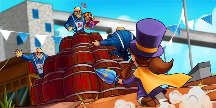 HD desktop wallpaper from A Hat in Time featuring the main character in a purple hat jumping over barrels with an antagonist behind.