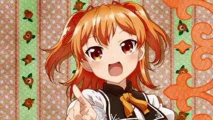 HD anime desktop wallpaper featuring Aika Tenkuubashi from Shomin Sample, showcasing her vibrant orange hair and expressive pose against a playful patterned background.