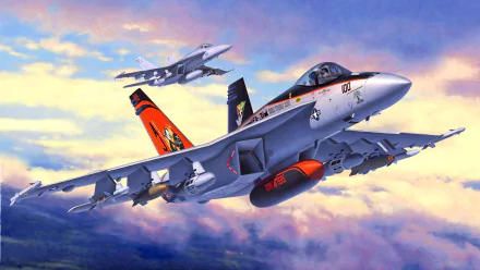 HD desktop wallpaper featuring two Boeing F/A-18E/F Super Hornet jet fighters soaring through a vibrant sky, showcasing their sleek design and impressive military capabilities.
