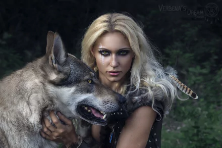 HD PC desktop wallpaper featuring a woman in detailed cosplay holding a large wolf, set against a dark forest background.