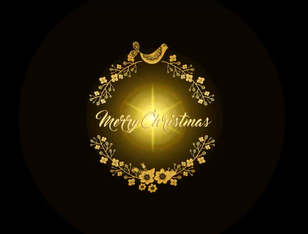 Minimalist HD PC desktop wallpaper featuring a golden floral wreath and bird surrounding the elegant Merry Christmas text on a dark background for a holiday theme.
