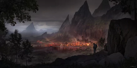 A dark fantasy landscape featuring a glowing village nestled among towering jagged mountains, captured in high-definition detail for a PC desktop wallpaper.