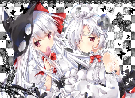 HD desktop wallpaper featuring Terror and Erebus from Azur Lane. The anime characters stand against a checkered background with black and white butterfly motifs, both adorned in white and red-themed outfits.