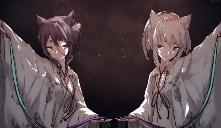 Anime HD desktop wallpaper featuring Satsuki and Yuzu from Konohana Kitan, depicted in traditional attire with a dark, atmospheric background.