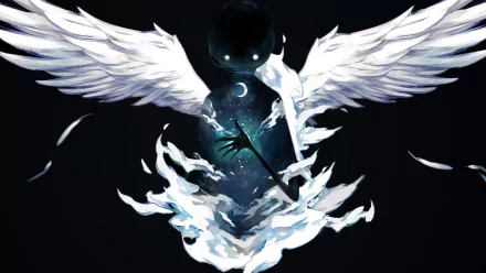 HD desktop wallpaper featuring a black figure with glowing eyes, angel wings, and a celestial background, inspired by the video game Deemo.