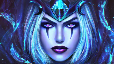 HD PC desktop wallpaper featuring LeBlanc from League of Legends with striking purple eyes, bold lipstick, and a mystical, blue-toned face.