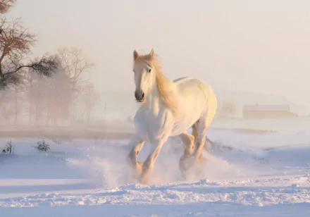 A majestic horse running through the snowy winter landscape, creating a serene and beautiful scene. This HD desktop wallpaper captures the grace and strength of the animal against the tranquil background.