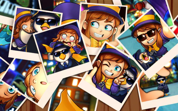 A vibrant HD desktop wallpaper from the video game A Hat in Time, featuring playful polaroid snapshots of the main character and her friends, capturing joyful moments and adventures.