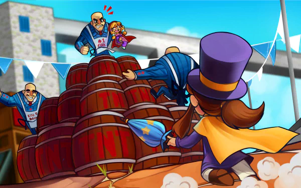 HD desktop wallpaper from A Hat in Time featuring the main character in a purple hat jumping over barrels with an antagonist behind.